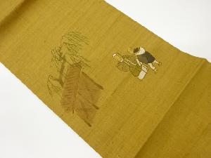 作家物　手織り紬手描き松尾芭蕉に柳・俳句模様名古屋帯